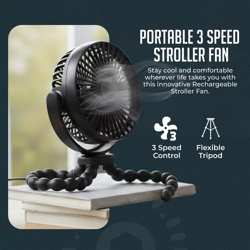 Portable Stroller Fan 3 Speed Rechargeable Flexible Tripod Clip-On Fan with Rotatable Design, for Car Seat, Crib, Bike, Treadmill, USB-C Wire Included