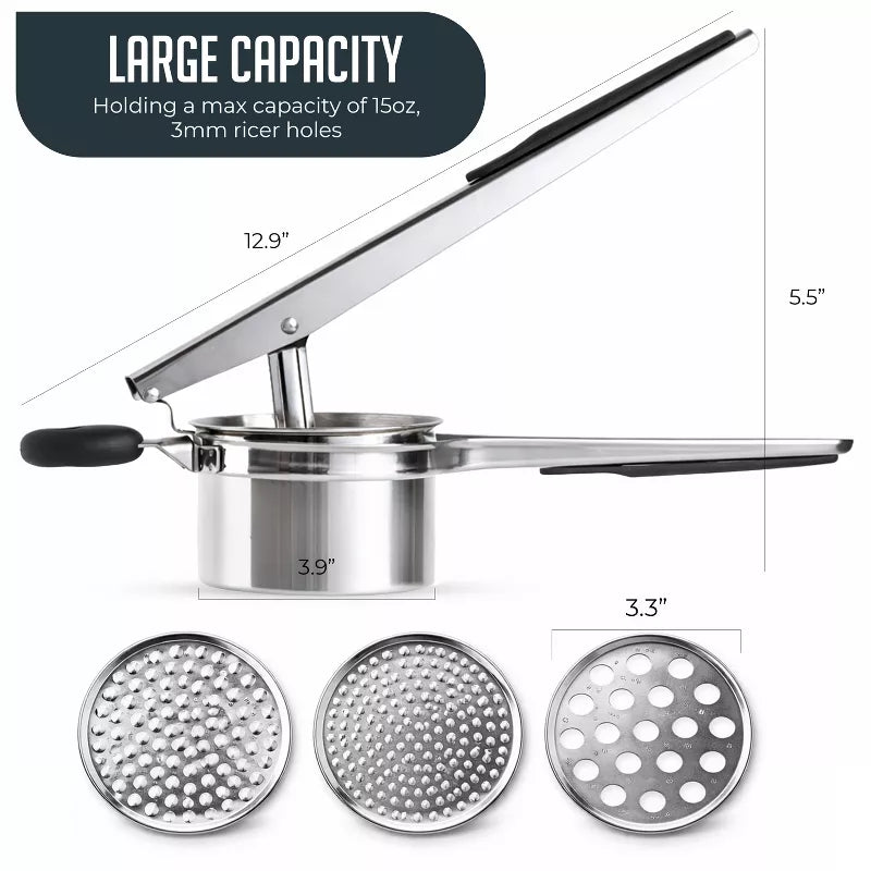 15oz Potato Ricer, Heavy Duty Stainless Steel Potato Masher and Ricer Kitchen Tool, Nonslip Handle, Press and Mash Kitchen Gadget