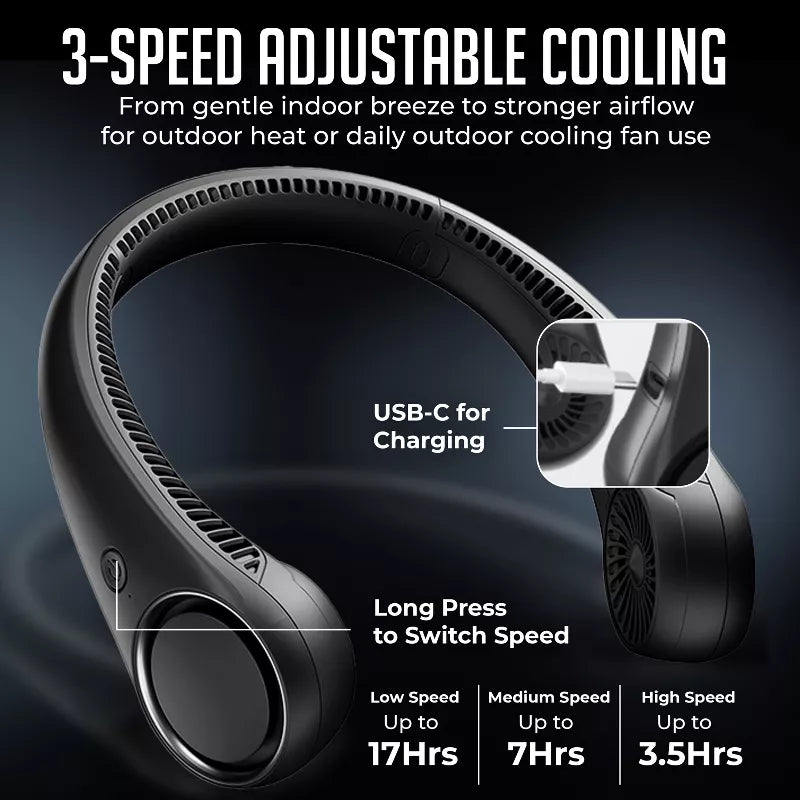 Portable Neck Fan, Rechargeable Hands-Free Wearable Fan with 3-Speed Adjustable Cooling, Lightweight Cooling Fan for Outdoor, Travel & Everyday Use