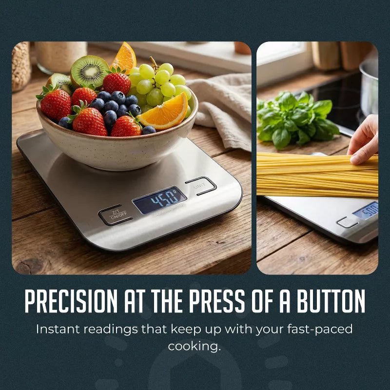 Digital Food Scale – 11 LB Capacity, Tare Function, Stainless Steel, LCD Display, 2 AAA Batteries Included, Ideal for Cooking, Baking, and Kitchen Use
