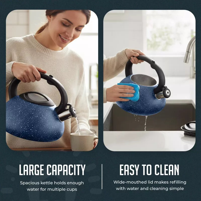 Whistling Tea Kettle & Milk Frother Set, 2.4qt Stainless Steel Whistling Tea Kettle & Handheld Frother, Foam Maker for Coffee, Latte and Matcha Drinks