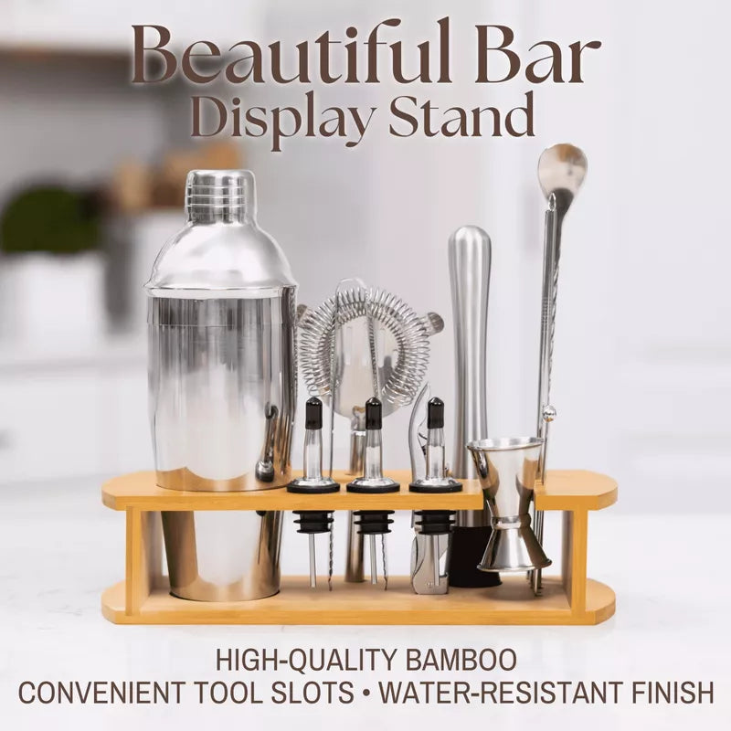 Cocktail Shaker Set Bartender Kit with Stylish Bamboo Stand 16 Piece Barware Mixing Tools, Bartending Kit Gift Set For Home Bar Party, Stainless Steel