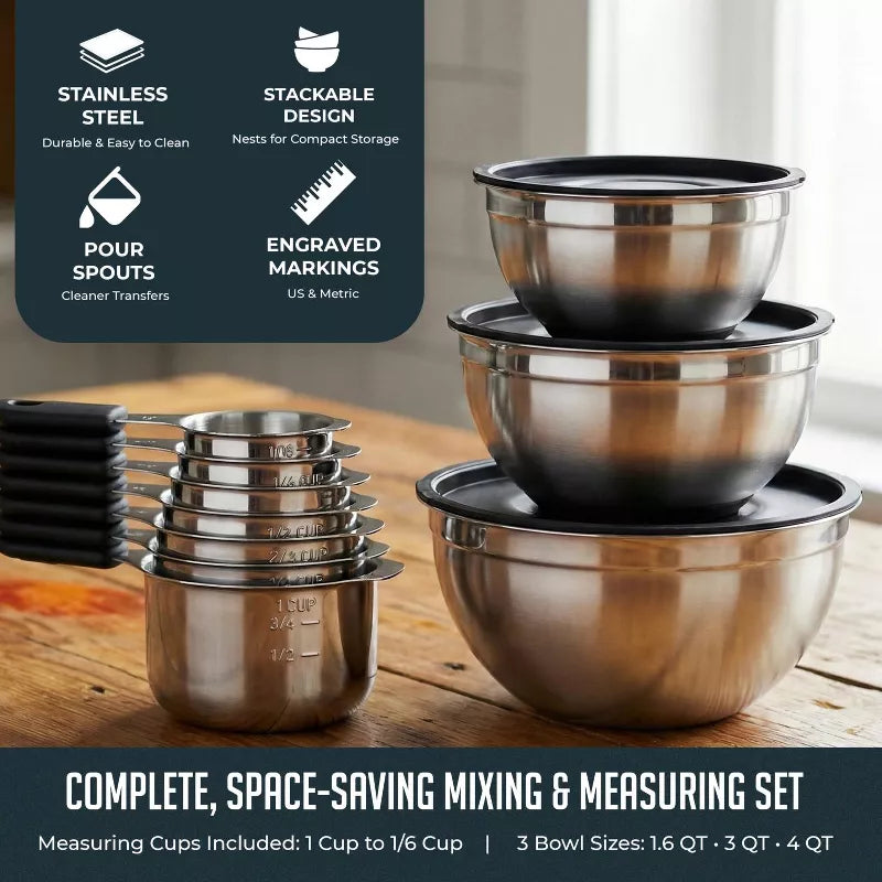 10 Piece Mixing Bowls & Measuring Cups Set, Stainless Steel Mixing Bowl with Lids, Magnetic Measuring Cups, Nonslip Nesting Bowls for Baking & Cooking