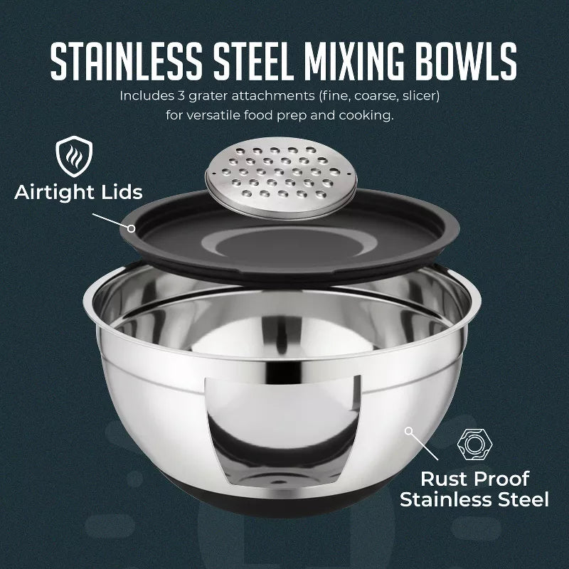 5-Piece Stainless Steel Mixing Bowls with Grater, Durable Nonslip Nesting Mixing Bowl Set with Lids, Rust Proof Kitchen Bowls for Cooking and Storage