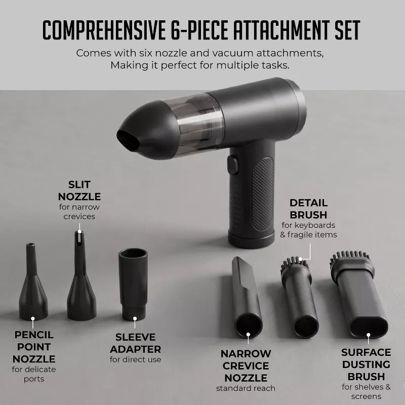 Handheld Air Duster & Mini Vacuum Cleaner Combo with 6 Attachments, Multi-Functional Rechargeable Cleaning Kit for Computers, Cars, and Electronics