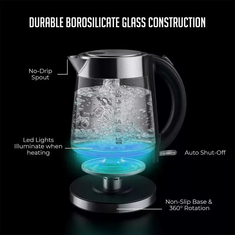 Electric Kettle & Milk Frother Set, Speed-Boil Glass Electric Water Heater with Cool Touch Handle, Cordless Milk Frother for Coffee, Cappuccino Drinks