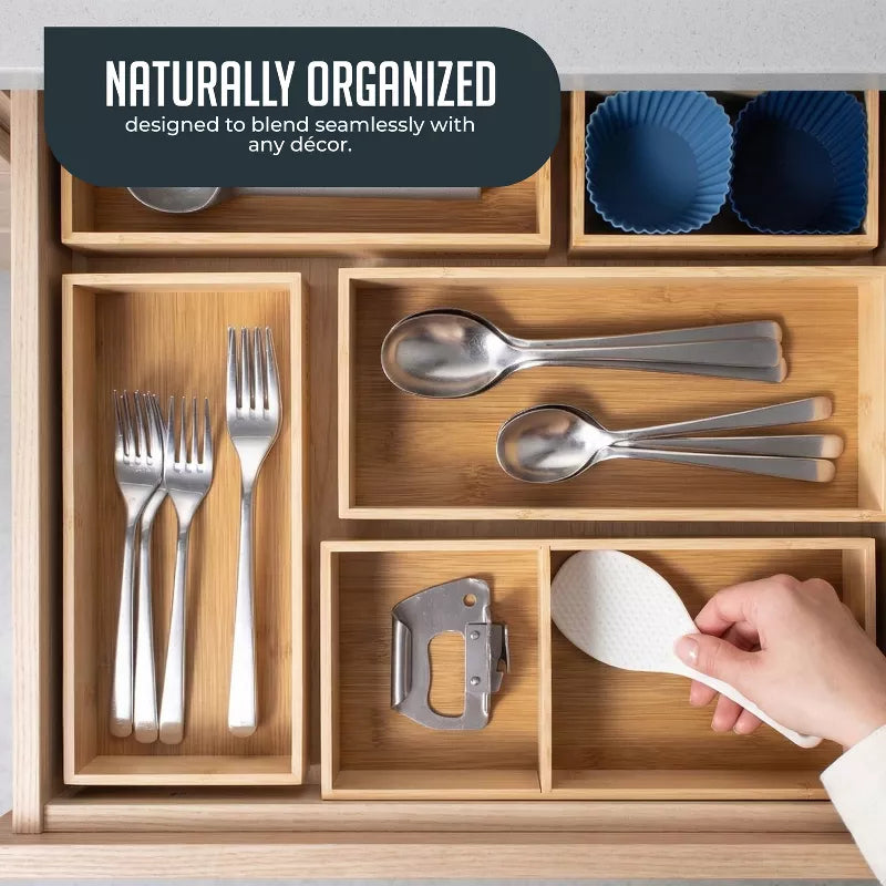 Bamboo Drawer Organizer Set, 5 Piece Non-Slip Versatile Storage Trays for Kitchen Utensils, Bathroom Essentials, Makeup & Jewelry Drawer Organizer Set