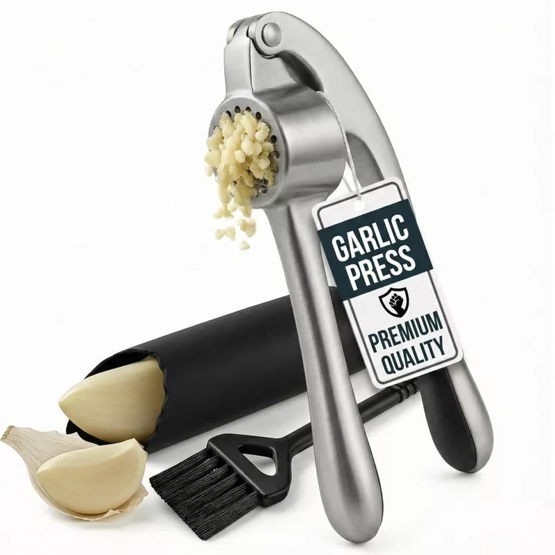 Garlic Press Set, Garlic Mincer with Silicone Peeler and Cleaning Brush, Easy Squeeze Ergonomic Handle, Rust Proof & Dishwasher Safe Garlic Crusher