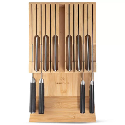 Bamboo Knife Block Drawer Organizer, Nonslip, Durable In Drawer Wooden Knife Storage, Space Saving Kitchen Knife Organizer, Holds up to 12 Knives
