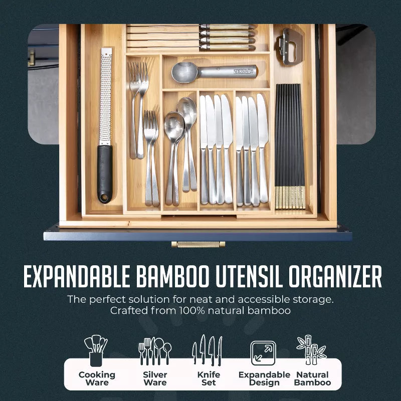 Expandable Bamboo Utensil Drawer Organizer, Wooden Utensil Tray, Non-Slip, Durable Cutlery Divider for Kitchen Flatware & Utensils