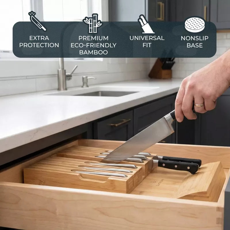 Bamboo Knife Block Drawer Organizer, Nonslip, Durable In Drawer Wooden Knife Storage, Space Saving Kitchen Knife Organizer, Holds up to 12 Knives