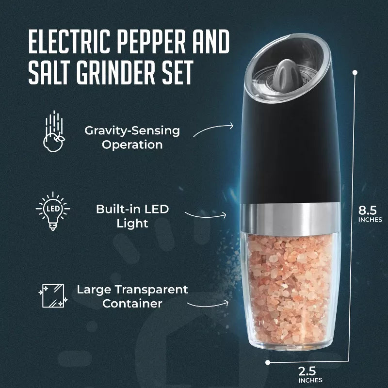 Gravity Electric Pepper and Salt Grinder Set – One-Handed Automatic Operation, Adjustable Coarseness, LED Light, Battery Powered, Ceramic Mechanism