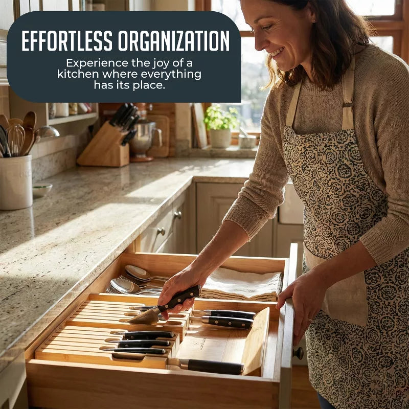 Bamboo Knife Block Drawer Organizer, Nonslip, Durable In Drawer Wooden Knife Storage, Space Saving Kitchen Knife Organizer, Holds up to 12 Knives