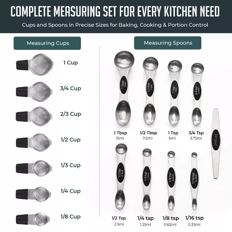 Stainless Steel Measuring Cups and Spoons Set, 16Pc Magnetic Nesting Measuring Cup and Spoon with Easy to Read Markings, Heavy duty, Dishwasher Safe