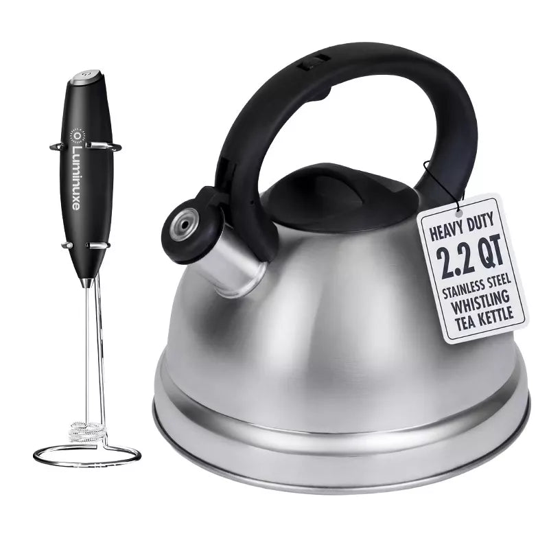 Whistling Tea Kettle & Milk Frother Set, 2.2qt Stainless Steel Stove Top Kettle & Handheld Milk Frother with Stand for Coffee, Matcha, and Cappuccino