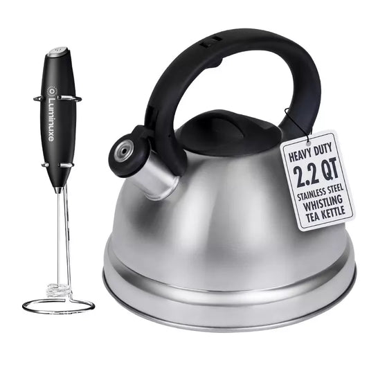Whistling Tea Kettle & Milk Frother Set, 2.2qt Stainless Steel Stove Top Kettle & Handheld Milk Frother with Stand for Coffee, Matcha, and Cappuccino