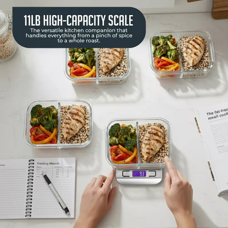 Digital Food Scale – 11 LB Capacity, Tare Function, Stainless Steel, LCD Display, 2 AAA Batteries Included, Ideal for Cooking, Baking, and Kitchen Use