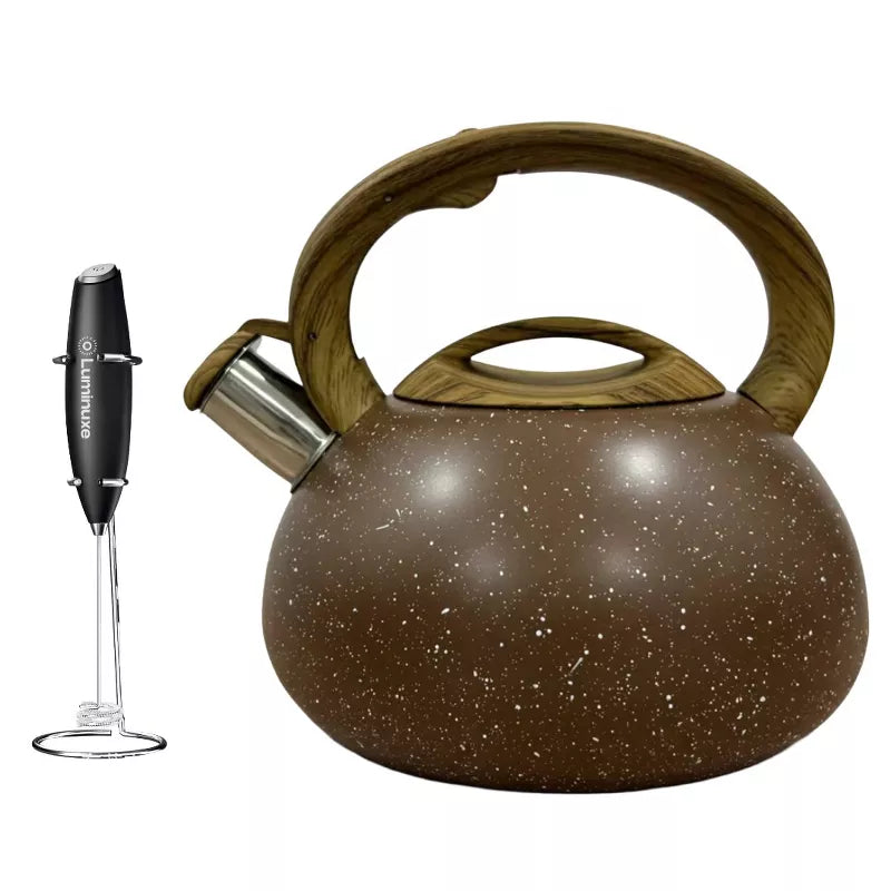 Whistling Tea Kettle & Milk Frother Set, 2.4qt Stainless Steel Whistling Tea Kettle & Handheld Frother, Foam Maker for Coffee, Latte and Matcha Drinks