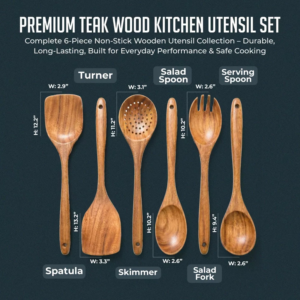 Premium Natural Teak Wood Kitchen Utensil Set, Spoons & Spatula Wooden Cooking Utensils Set, Non-Stick Hand Wash Kitchen Tool Set, 6 Piece Utensil Set