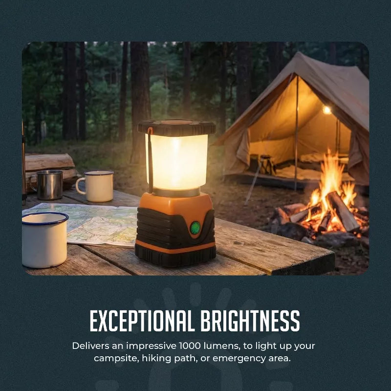 Ultra-Bright 1000LM LED Camping Lantern – Battery Powered, 4 Lighting Modes, Water Resistant with Hanging Hook & Long Battery Life