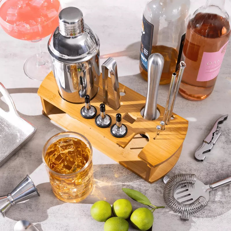 Cocktail Shaker Set Bartender Kit with Stylish Bamboo Stand 16 Piece Barware Mixing Tools, Bartending Kit Gift Set For Home Bar Party, Stainless Steel