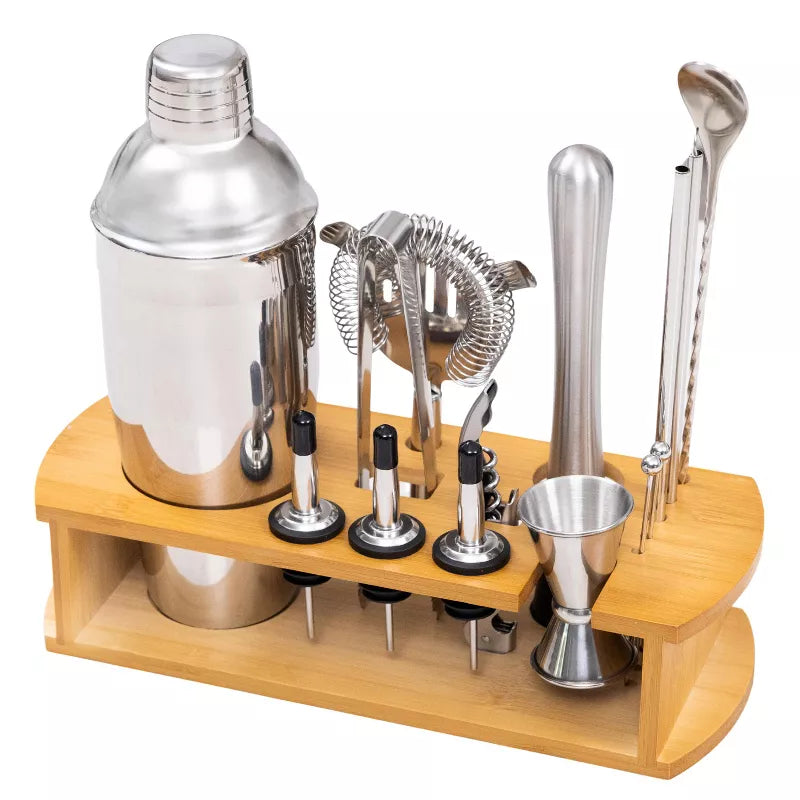Cocktail Shaker Set Bartender Kit with Stylish Bamboo Stand 16 Piece Barware Mixing Tools, Bartending Kit Gift Set For Home Bar Party, Stainless Steel