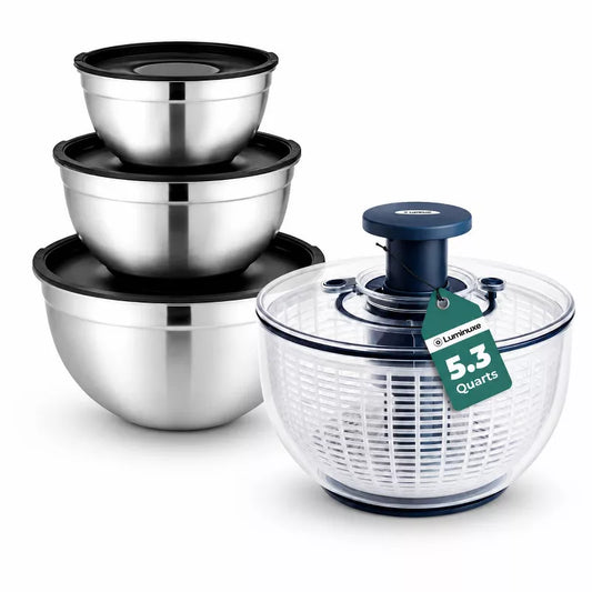 Mixing Bowls & Salad Spinner Set, Stainless Steel Mixing Bowls with Lids, 5.3qt Vegetable Spinner with Built-in Draining System, Durable Meal Prep Set