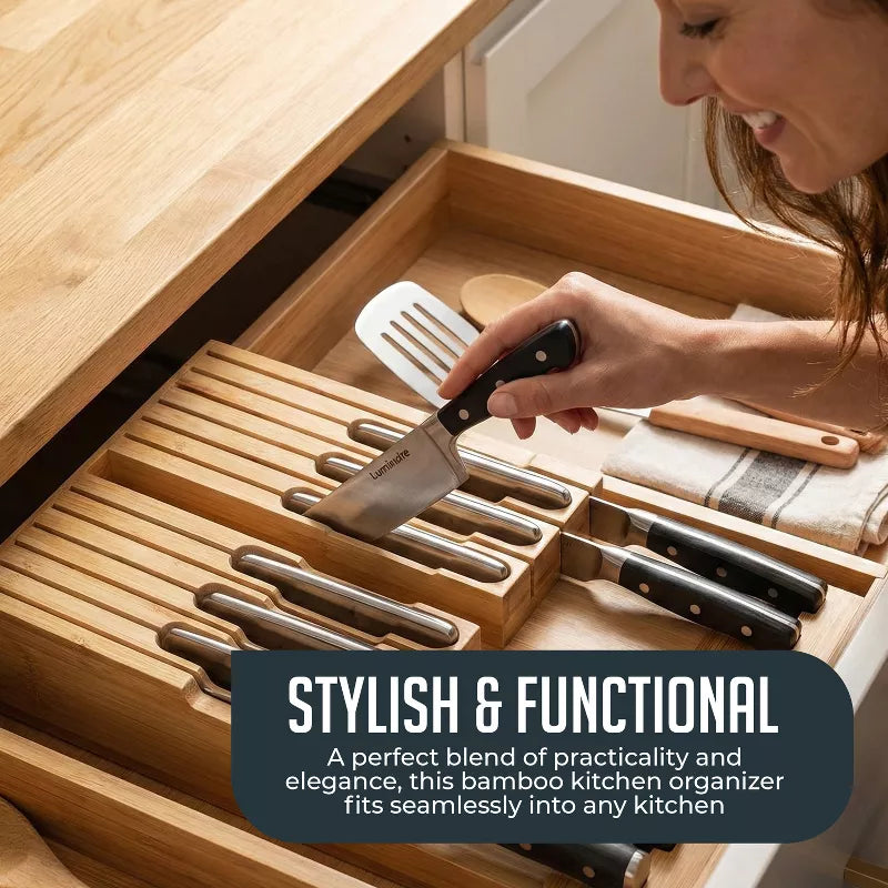Bamboo Knife Block Drawer Organizer, Nonslip, Durable In Drawer Wooden Knife Storage, Space Saving Kitchen Knife Organizer, Holds up to 12 Knives
