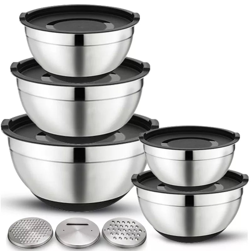 5-Piece Stainless Steel Mixing Bowls with Grater, Durable Nonslip Nesting Mixing Bowl Set with Lids, Rust Proof Kitchen Bowls for Cooking and Storage