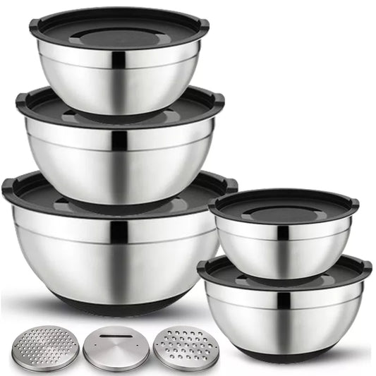 5-Piece Stainless Steel Mixing Bowls with Grater, Durable Nonslip Nesting Mixing Bowl Set with Lids, Rust Proof Kitchen Bowls for Cooking and Storage