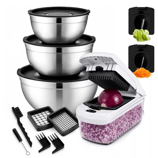 Mixing Bowls and Vegetable Chopper Set, 3pc Stainless Steel Nesting Mixing Bowls Set with Lids, 4-in-1 Vegetable Chopper and Spiralizer, Meal Prep Set
