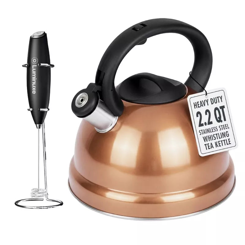 Whistling Tea Kettle & Milk Frother Set, 2.2qt Stainless Steel Stove Top Kettle & Handheld Milk Frother with Stand for Coffee, Matcha, and Cappuccino