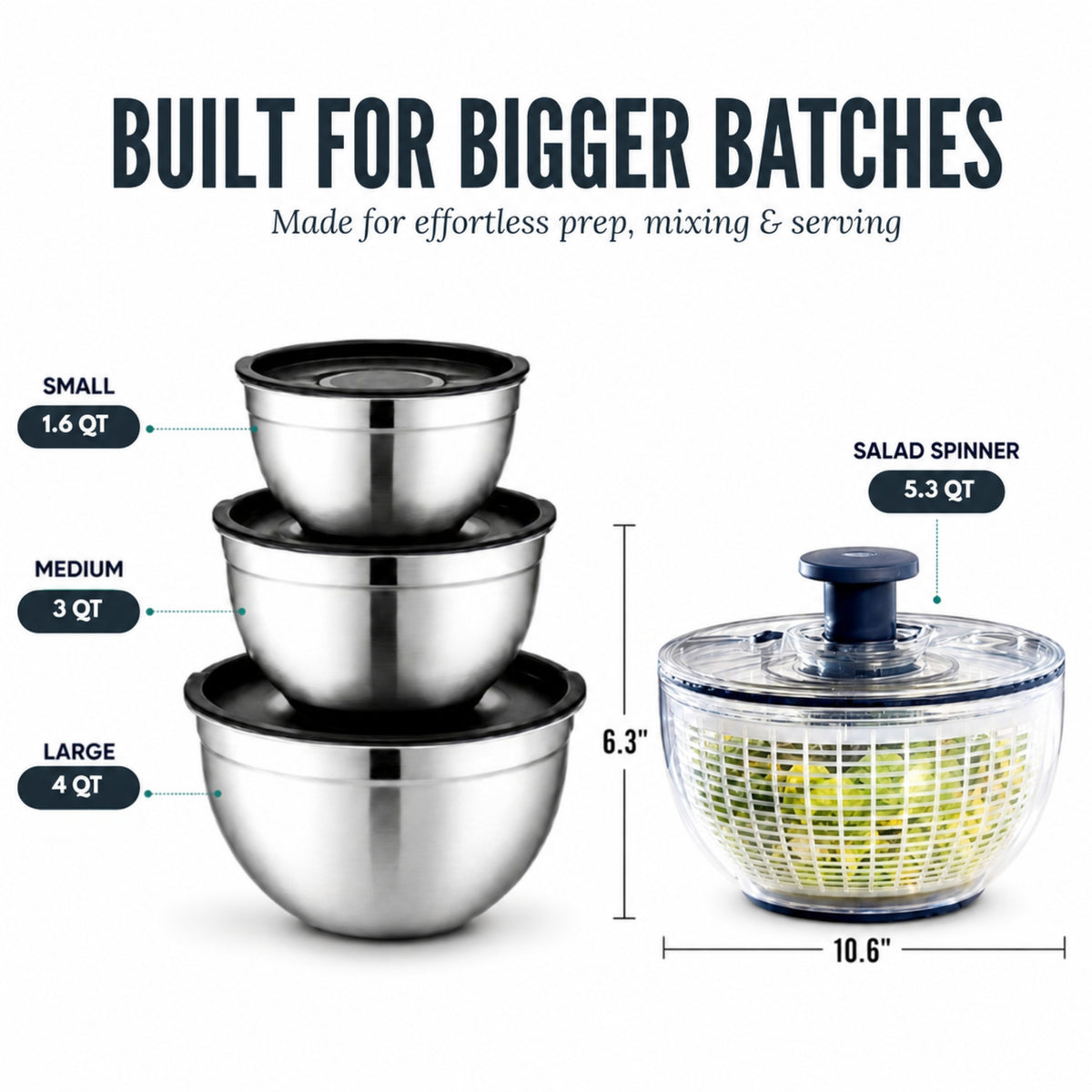 Mixing Bowls & Salad Spinner Set, Stainless Steel Mixing Bowls with Lids, 5.3qt Vegetable Spinner with Built-in Draining System, Durable Meal Prep Set
