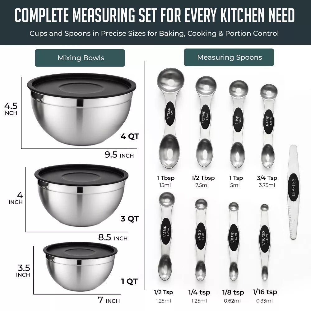 12 Piece Kitchen Mixing & Measuring Set, Stainless Steel Mixing Bowl with Lids and Nesting Magnetic Measuring Spoons for Baking & Cooking