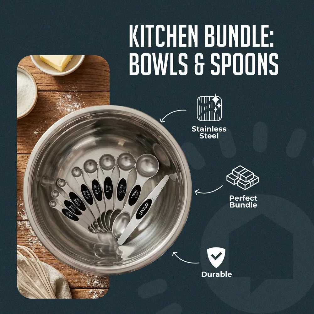 12 Piece Kitchen Mixing & Measuring Set, Stainless Steel Mixing Bowl with Lids and Nesting Magnetic Measuring Spoons for Baking & Cooking